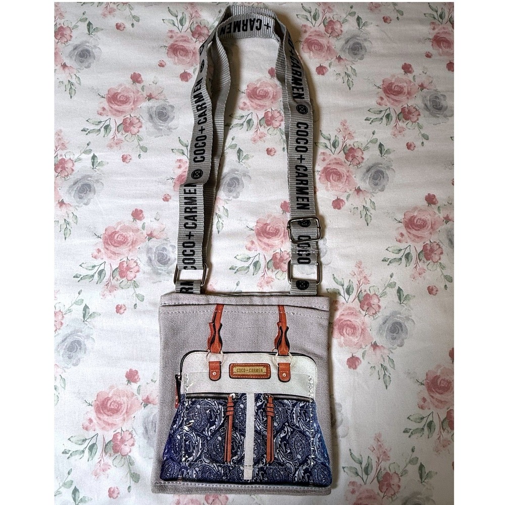Coco+Carmen Canvas Crossbody Bag Blue Paisley Print Small Tote Purse 6x7"